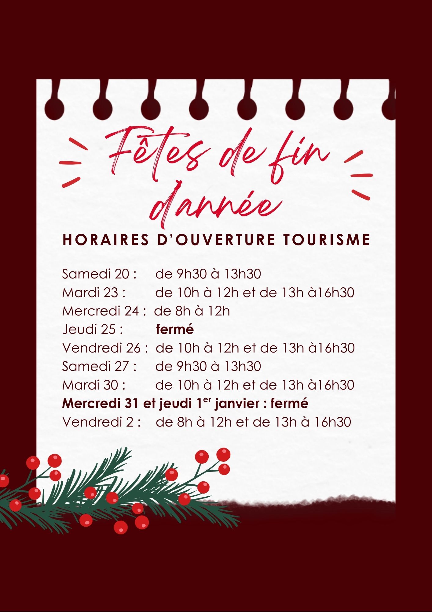 Horaire Fêtes de fin d'année